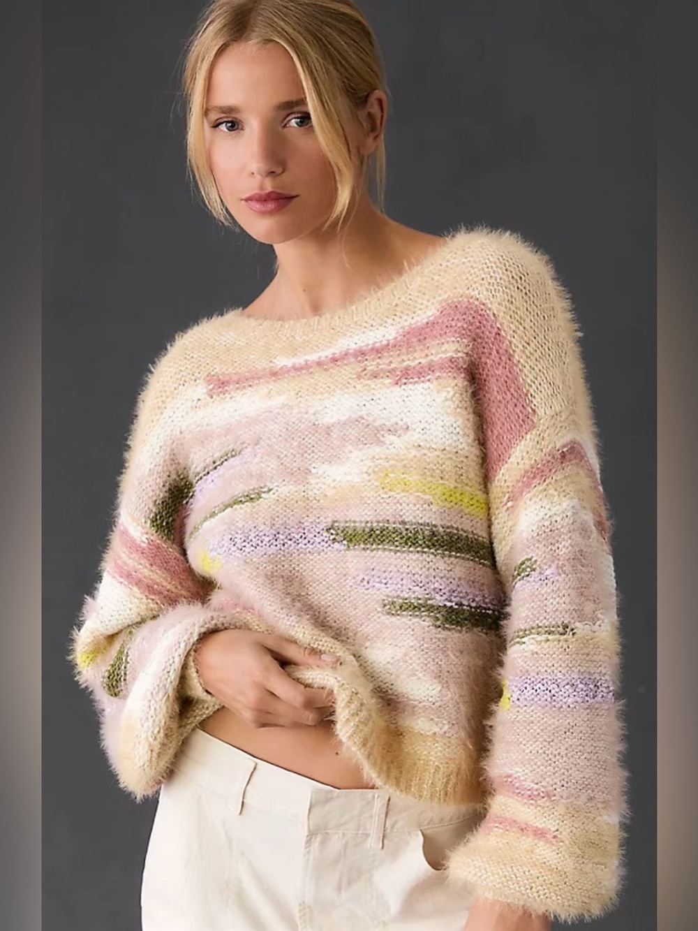 Pilcro Anthropologie Pastel Wool Blend Cropped Boatneck Sweater Relaxed Boho SM